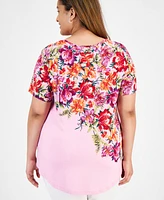 Jm Collection Plus Paradise Garden Short-Sleeve Top, Created for Macy's