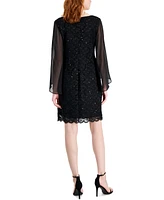 Connected Petite Round-Neck Long-Cape-Sleeve Lace Dress