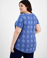 Jm Collection Plus Marrakesh Medallion Print V-neck Top