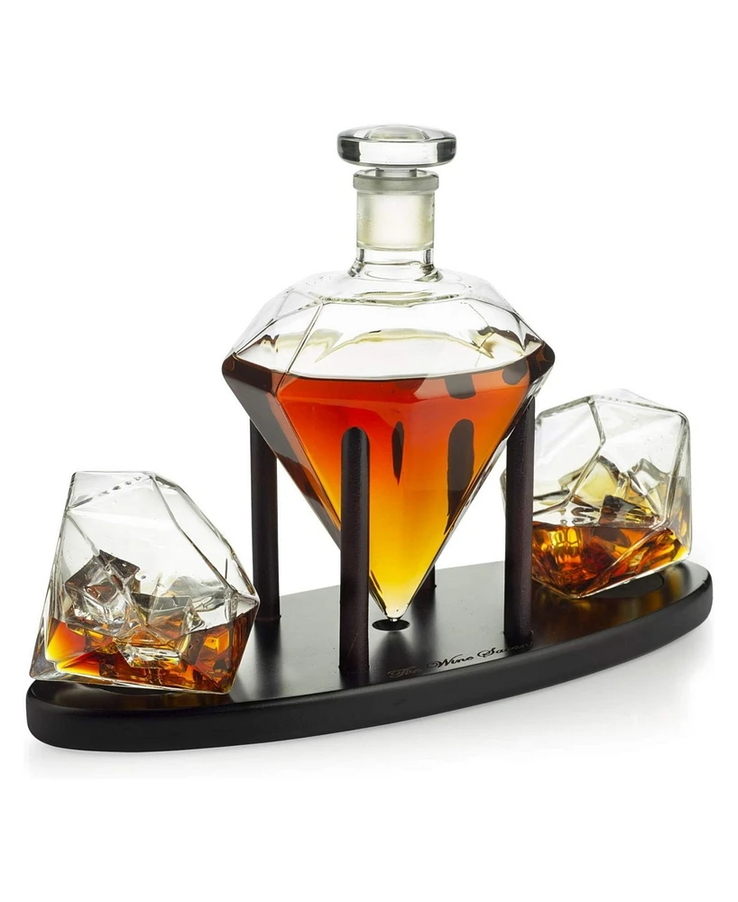 The Wine Savant Diamond Whiskey Decanter with Diamond Whiskey Glasses, Set of 3