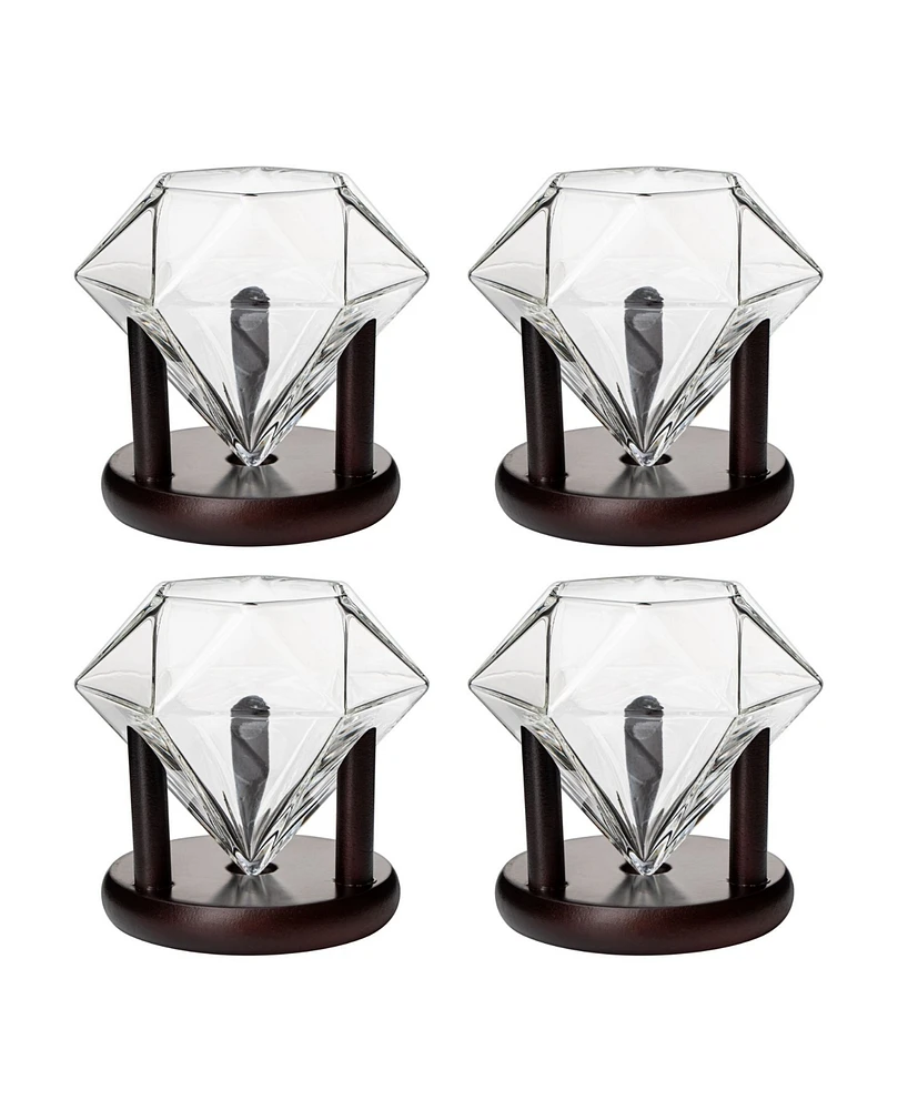 The Wine Savant Diamond Glasses Wood Stands, Set of 4 10 oz