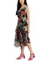 Connected Petite Floral Handkerchief-Hem Midi Dress