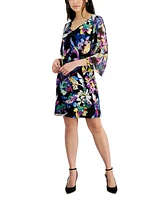 Connected Petite Floral Cape-Sleeve A-Line Dress