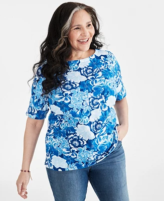 Style & Co Plus Size Printed Cuffed-Sleeve Boat Neck Top, Created for Macy's