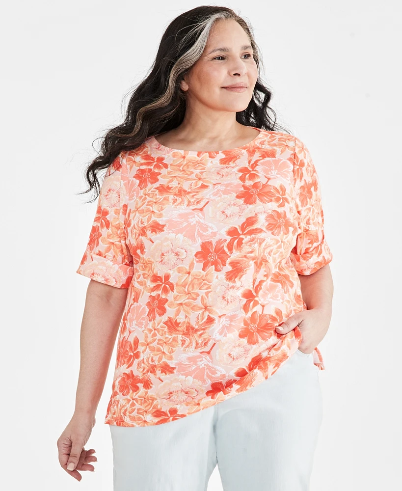 Style & Co Plus Size Printed Cuffed-Sleeve Boat Neck Top, Created for Macy's