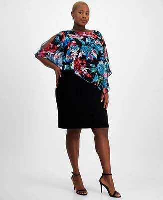 Connected Plus Printed Cape Overlay Sheath Dress