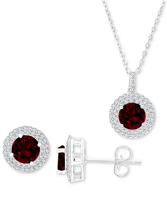 2-Pc. Set Garnet (3-7/8 ct. t.w.) & Lab-Grown White Sapphire (1 ct. t.w.) Halo Pendant Necklace & Matching Stud Earrings in Sterling Silver