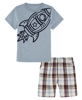 Kids Headquarters Little Boys Rocket Short Sleeve T-shirt and Prewashed Plaid Shorts