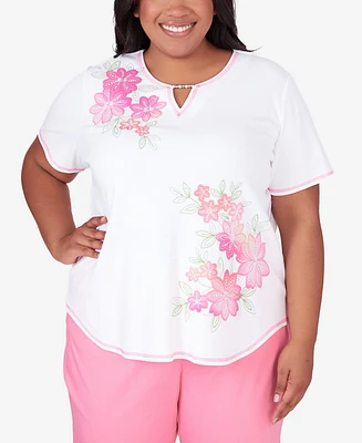 Alfred Dunner Plus Miami Beach Short Sleeve Floral Applique Top