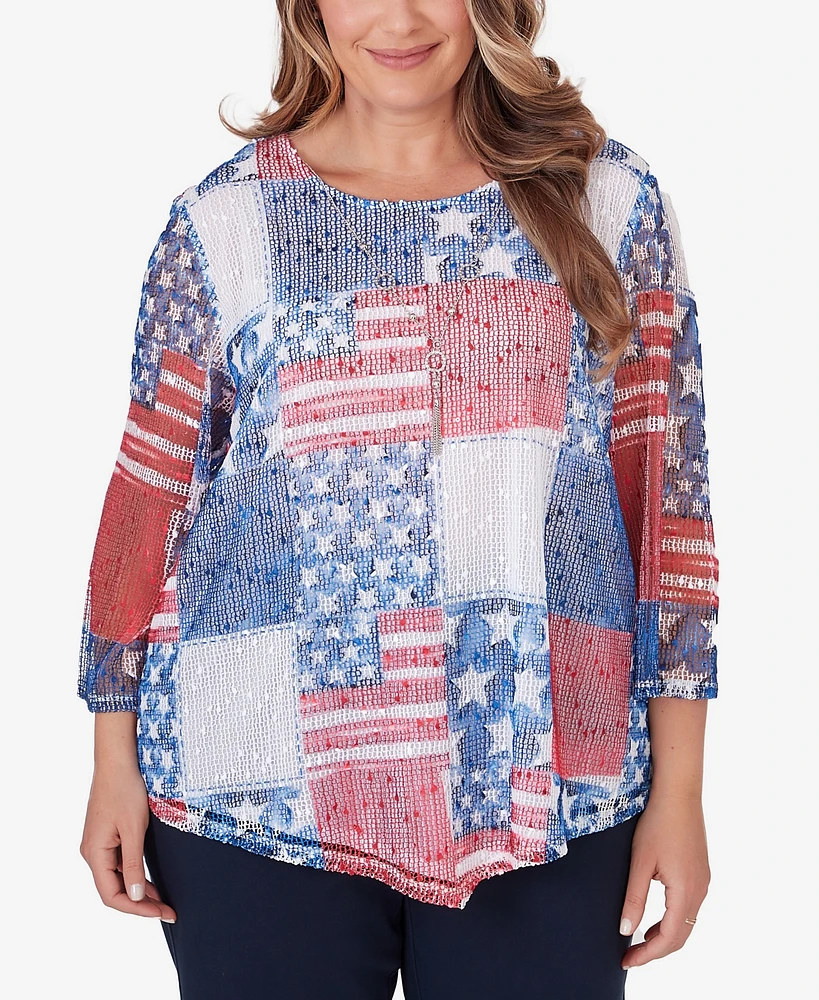 Alfred Dunner Plus Size All American Patchwork Flag Mesh Top with Necklace