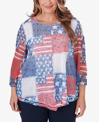 Alfred Dunner Plus All American Patchwork Flag Mesh Top with Necklace