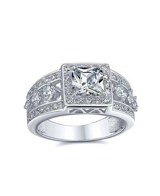 Square Cut Halo Aaa Cz Art Deco Style Princess Engagement Ring For Women Wide 3 Row Band .925 Sterling Silver Promise