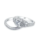 Bling Jewelry Deco Style Milgrain 1CTW Cubic Zirconia Promise Ring Set Sterling Silver