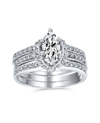 Bling Jewelry 2CT Cubic Zirconia Enhancer Guard Inset Halo Solitaire Marquise Cz Baguette Band Anniversary Statement Engagement Ring Wedding Set Sterl