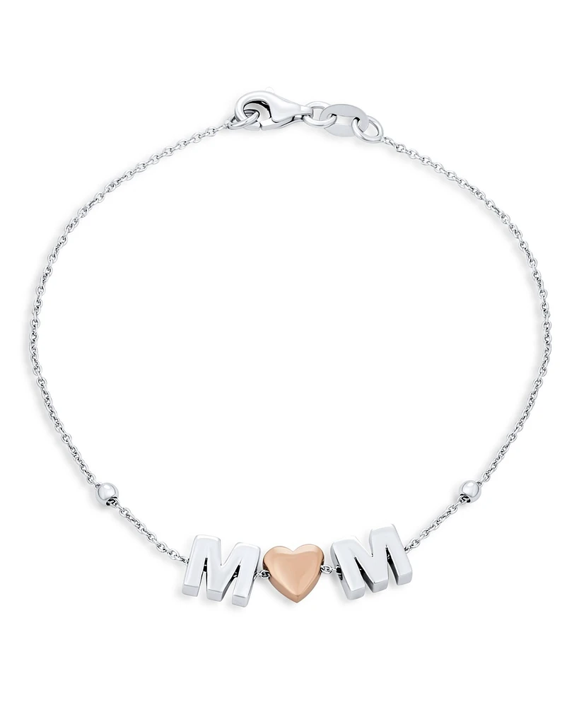 Bling Jewelry Dainty Delicate Block Letters Station Rose Heart Mom Word Bracelet For Women Mother Sterling Silver 7.5 Inch