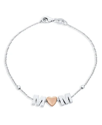 Dainty Delicate Block Letters Station Rose Heart Mom Word Bracelet For Women Mother .925 Sterling Silver 7.5 Inch