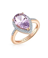 Bling Jewelry 3.75CTW Zircon Pave Halo Pear Shape Teardrop Ring Pink Natural Amethyst Statement Rose Gold Overlay Sterling Silver