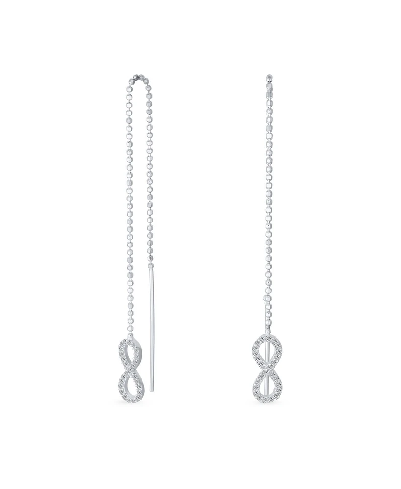 Geometric Figure Eight Long Pave Cz Ball Chain Romantic Love Knot Symbol Infinity Threader Earrings For Women Teens .925 Sterling Silver