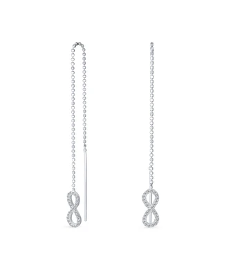 Geometric Figure Eight Long Pave Cz Ball Chain Romantic Love Knot Symbol Infinity Threader Earrings For Women Teens .925 Sterling Silver