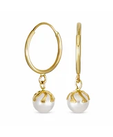 Bling Jewelry Petite Tiny10K Yellow Gold White 4.5 Mm Round Freshwater Cultured Pearl Drop Ball Dangle Hoop Earring Women