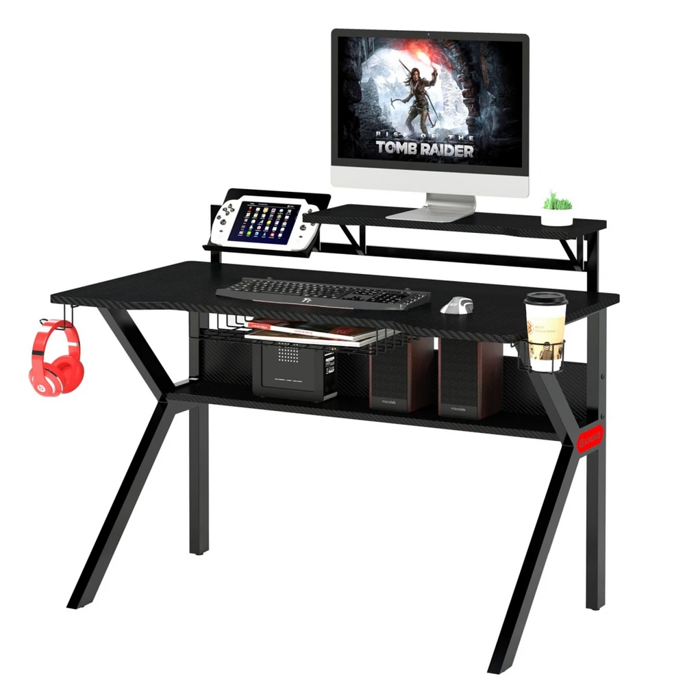 Simplie Fun Pvc Coated Ergonomic Metal Frame Gaming Desk With K Shaped Legs, Black