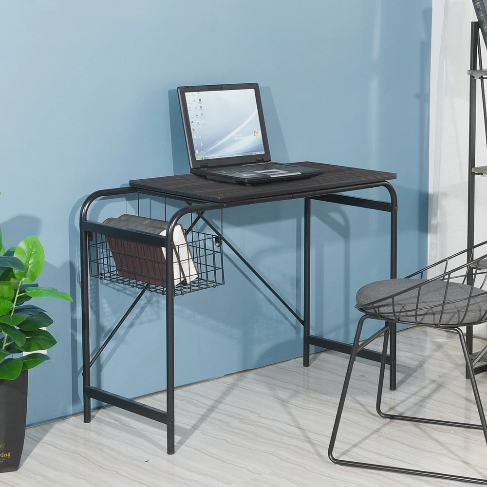 Simplie Fun 31.5" Computer Desk/ Home Office Desk With Wire Storage Basket - Walnut & Black