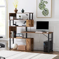 Simplie Fun Home Office Computer Desk L-Shaped Corner Table, Rotating Computer Table With 5-Tier Bookshelf