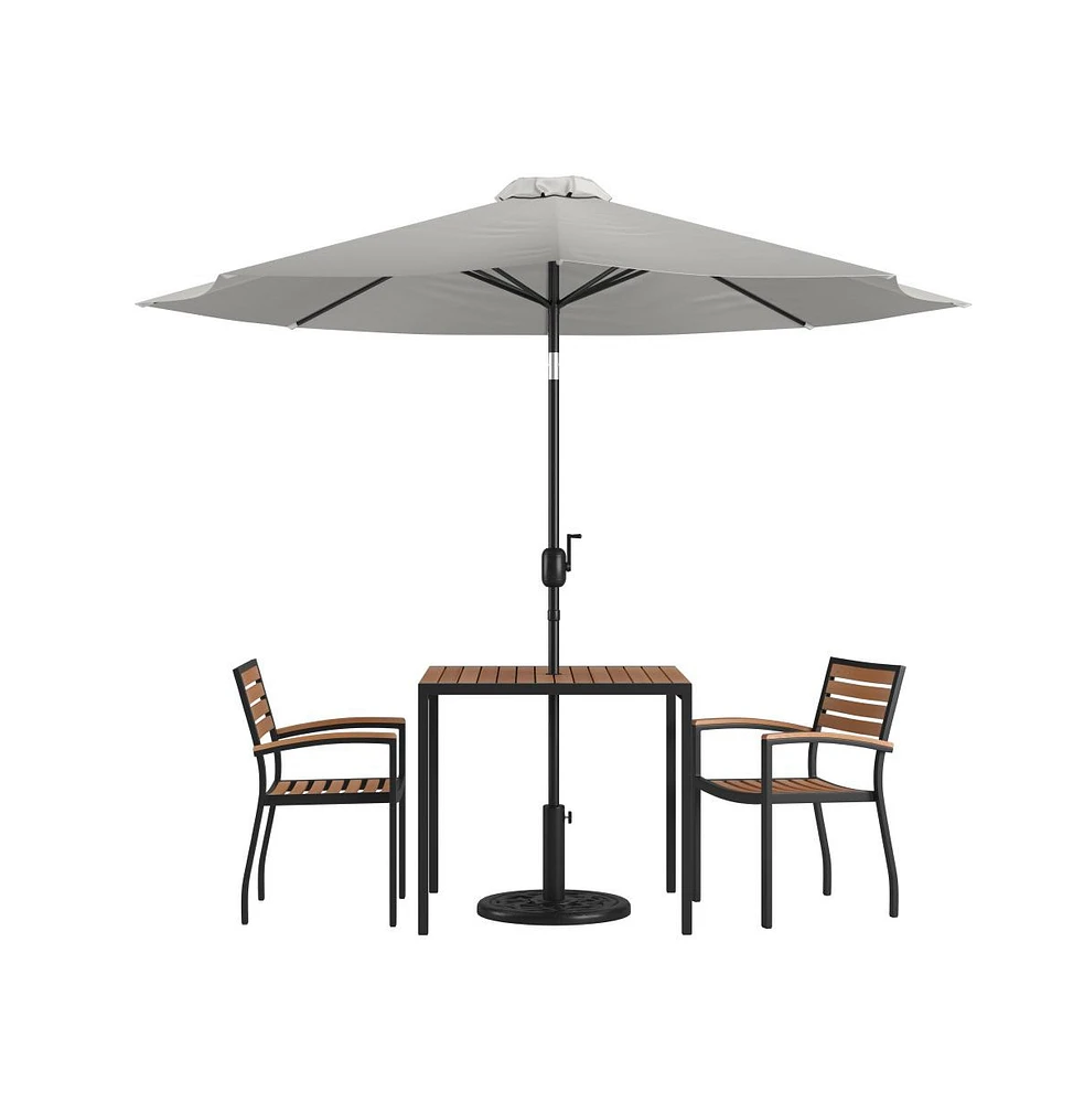 Hampstead Five Piece Faux Teak Patio Dining Set Includes Table, Two Club Chairs, 9' Umbrella And Base