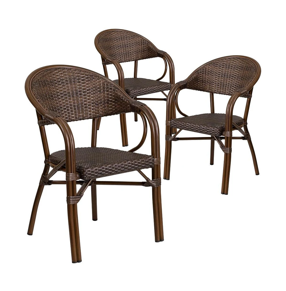 Emma+Oliver 3 Pack Rattan Restaurant Patio Chair With Bamboo-Aluminum Frame