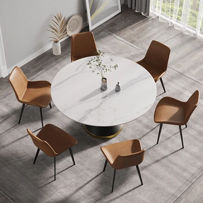 Simplie Fun 59.05" Modern Artificial Stone Round Black Carbon Steel Base Dining Table-Can Accommodate 6 People