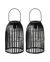 Glitzhome 9.75" H Set of 2 Metal Stripes Solar Powered Edison Bulb Outdoor Hanging Lantern