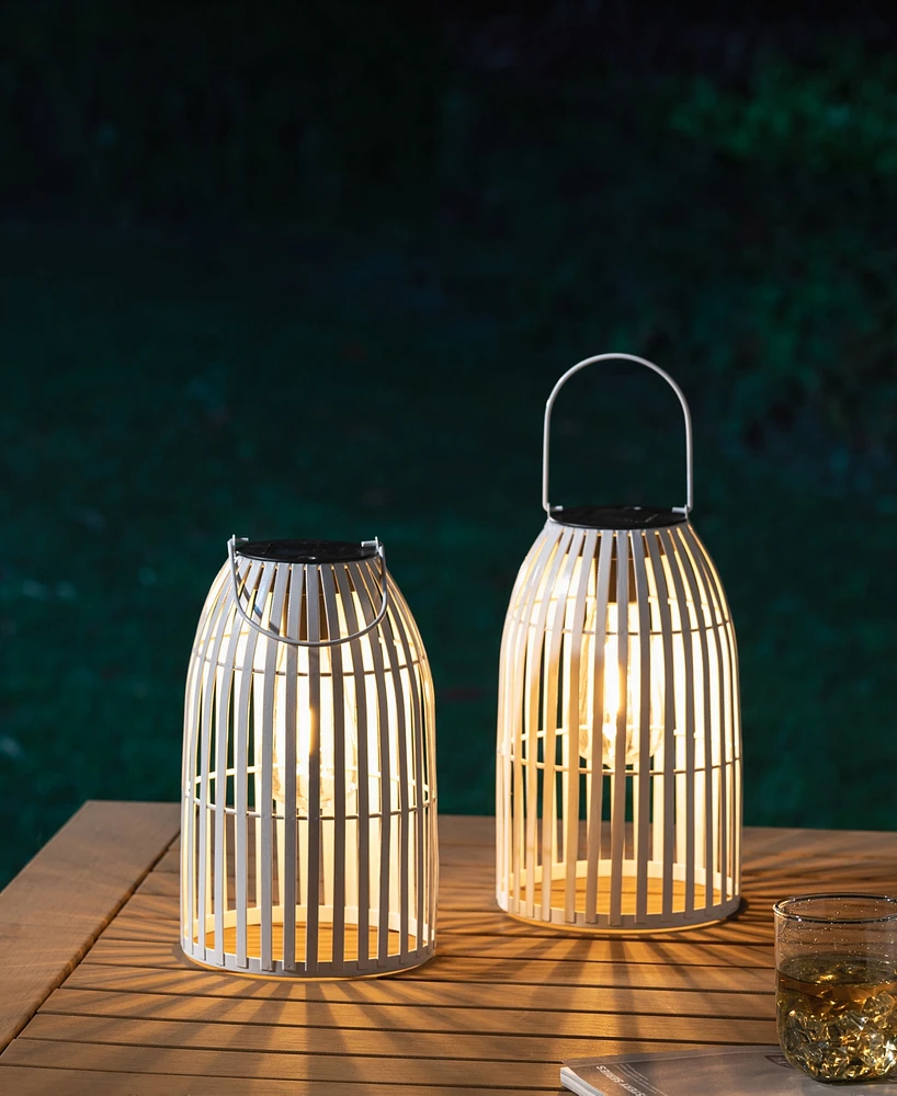 Glitzhome 9.75" H Set of 2 Metal Stripes Solar Powered Edison Bulb Outdoor Hanging Lantern