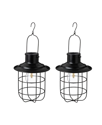 Glitzhome 9.75" H Set of 2 Industrial-Style Metal Wire Solar Powered Edison Bulb Outdoor Hanging Lantern