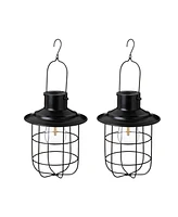 Glitzhome 9.75" H Set of 2 Industrial-Style Metal Wire Solar Powered Edison Bulb Outdoor Hanging Lantern