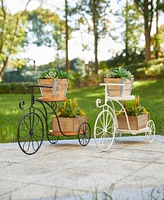 Glitzhome 24" L Metal Tricycle Planter Stand with Natural Solid Wood Tray