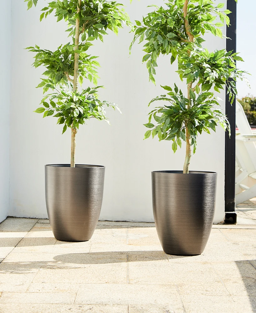 Glitzhome 16.75" H Set of 2 Black Resin and Stone Faux Brushed Steel Texture Tall Planter