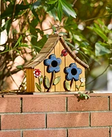 Glitzhome 10.5" H Washed Distressed Solid Wood Two-Story Townhouse Garden Birdhouse with 3D Flowers