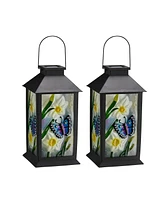 Glitzhome 11" H Set of 2 Stylish Textured Glass with Butterfly and Flower Pattern Solar Powered Hanging Lantern