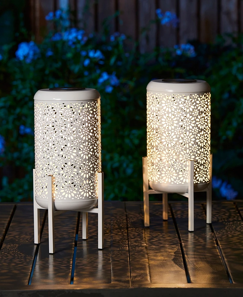 Glitzhome 14.25" H Set of 2 Metal Cutout Flower Pattern Solar Powered Led Outdoor Lantern with Stand