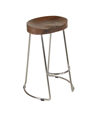 Simplie Fun 30 Inch Barstool With Mango Wood Saddle Seat, Iron Frame, Brown And Silver