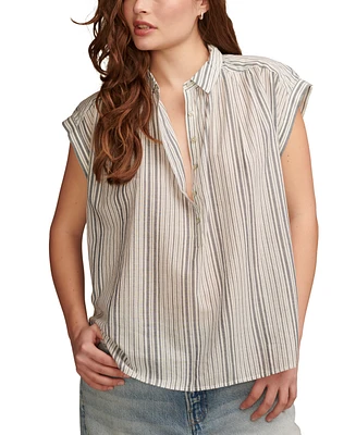 Lucky Brand Women's Cotton Striped Collared Popover Blouse