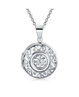 Embossed Photo Round Circle Boho Scroll Flower Lockets For Women Teen That Hold Pictures .925 Sterling Silver Locket Necklace Pendant