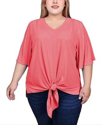 Ny Collection Plus Elbow Sleeve Tie-Front Top