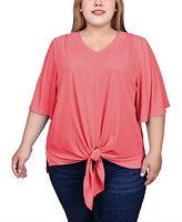 Ny Collection Plus Elbow Sleeve Tie-Front Top