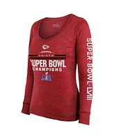 Women's Majestic Red Kansas City Chiefs Super Bowl Lviii Champions Goal Line Stand Scoop Neck Tri-Blend Long Sleeve T-shirt