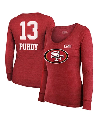Women's Majestic Threads Brock Purdy Scarlet San Francisco 49ers Super Bowl Lviii Scoop Name and Number Tri-Blend Long Sleeve T-shirt