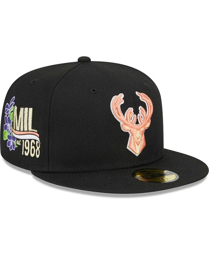 Men's New Era Black Milwaukee Bucks Floral Side 59FIFTY Fitted Hat