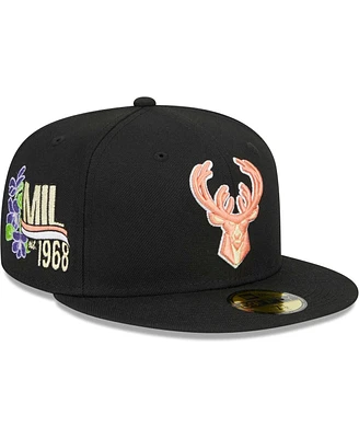 Men's New Era Black Milwaukee Bucks Floral Side 59FIFTY Fitted Hat