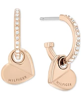 Tommy Hilfiger Gold-Tone Stainless Steel Heart Charm Pave Hoop Earrings