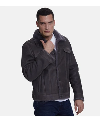 Men's Suede Casual Jacket, Washed Anthracite With Wool